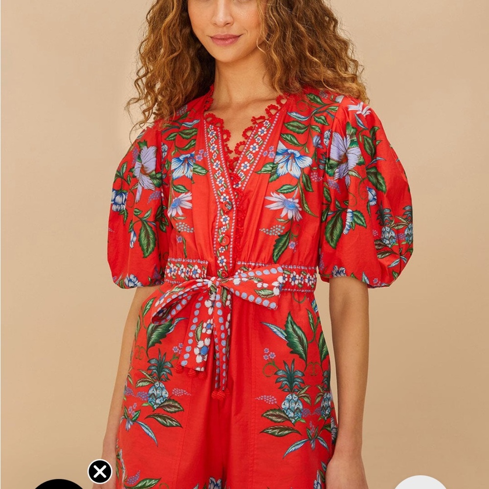 Farm Rio Floral Red Puff Sleeve Romper